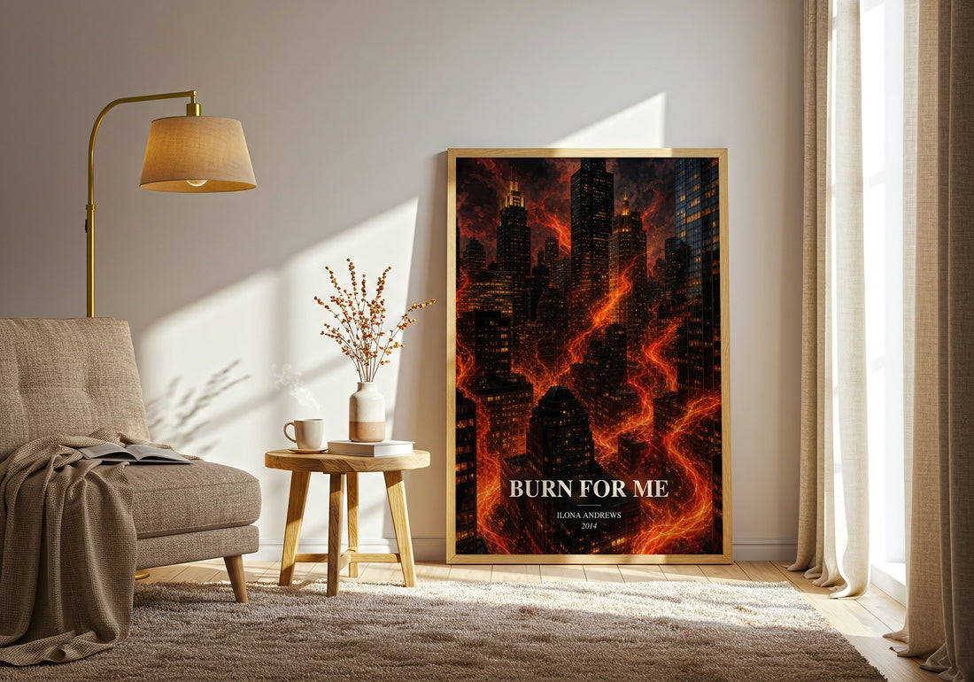 Burn for Me watercolour print in frame leaning in hallway – fantasy wall art (mockup)