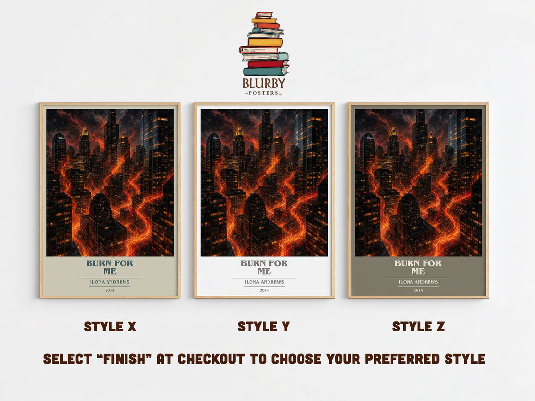 Burn for Me book cover print in frame leaning in hallway – fantasy wall art (mockup)