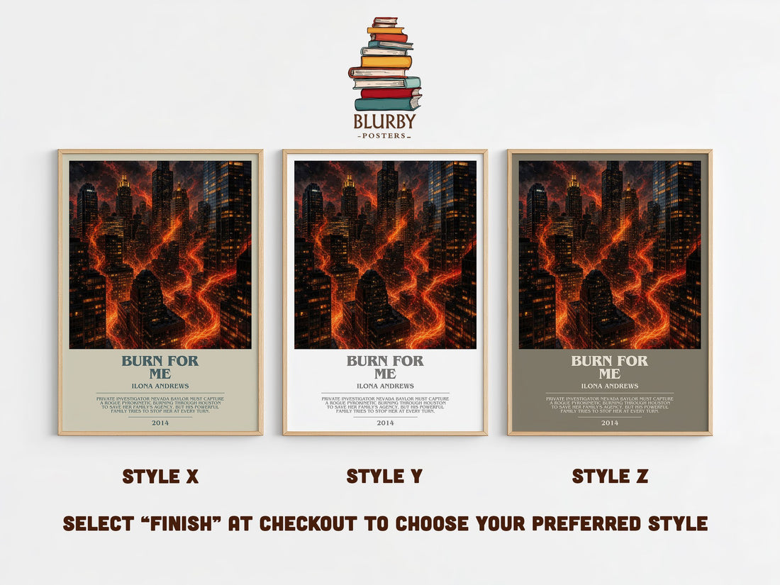 Burn for Me bookish print in frame leaning in hallway – fantasy wall art (mockup)