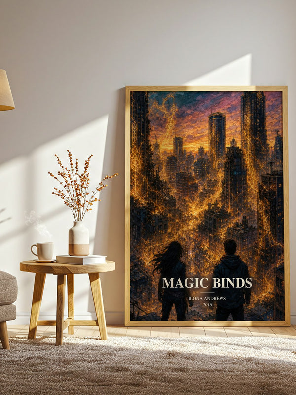 Magic Binds watercolour print in frame leaning in hallway – fantasy wall art