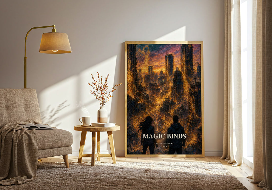 Magic Binds watercolour print in frame leaning in hallway – fantasy wall art (mockup)
