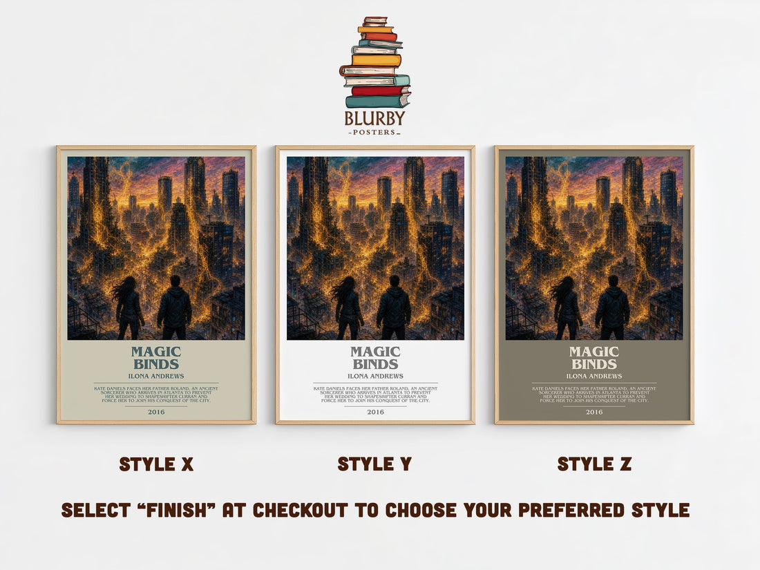 Magic Binds bookish print in frame leaning in hallway – fantasy wall art (mockup)