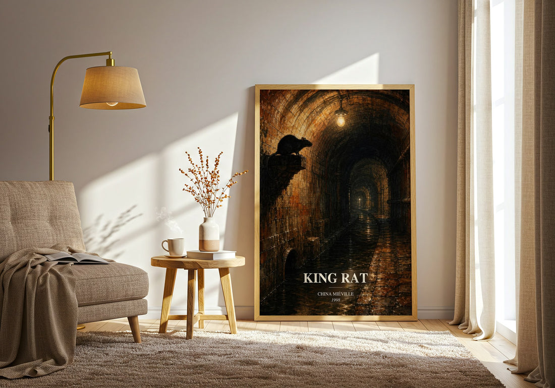 King Rat watercolour print in frame leaning in hallway – fantasy wall art (mockup)