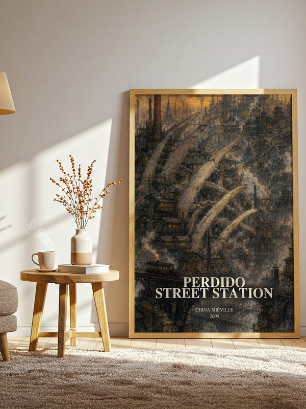 Perdido Street Station watercolour print in frame leaning in hallway – fantasy wall art