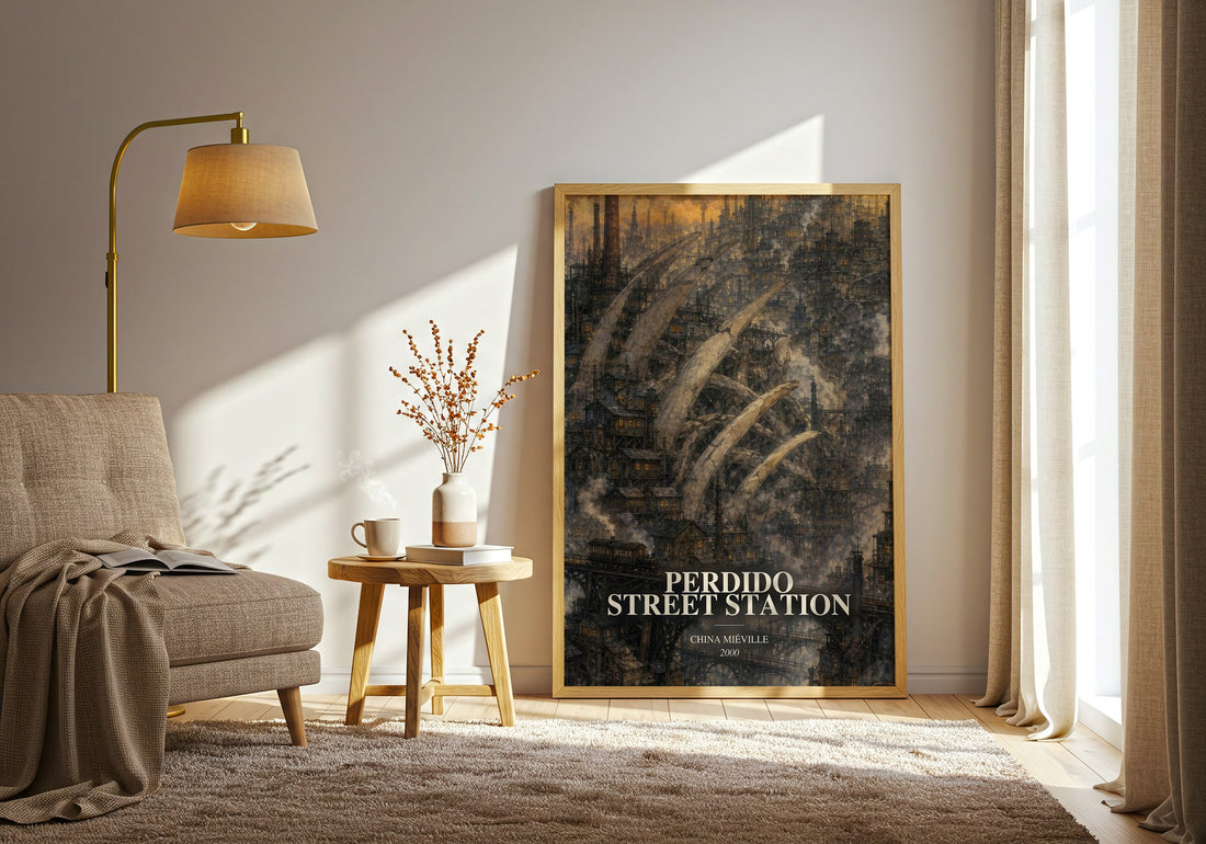 Perdido Street Station watercolour print in frame leaning in hallway – fantasy wall art (mockup)