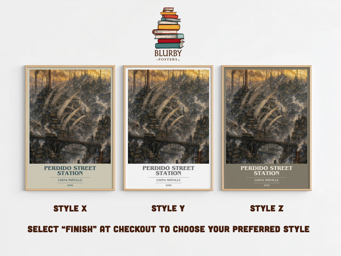 Perdido Street Station book cover print in frame leaning in hallway – fantasy wall art (mockup)