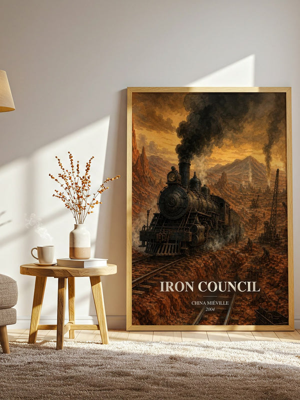 Iron Council watercolour print in frame leaning in hallway – fantasy wall art