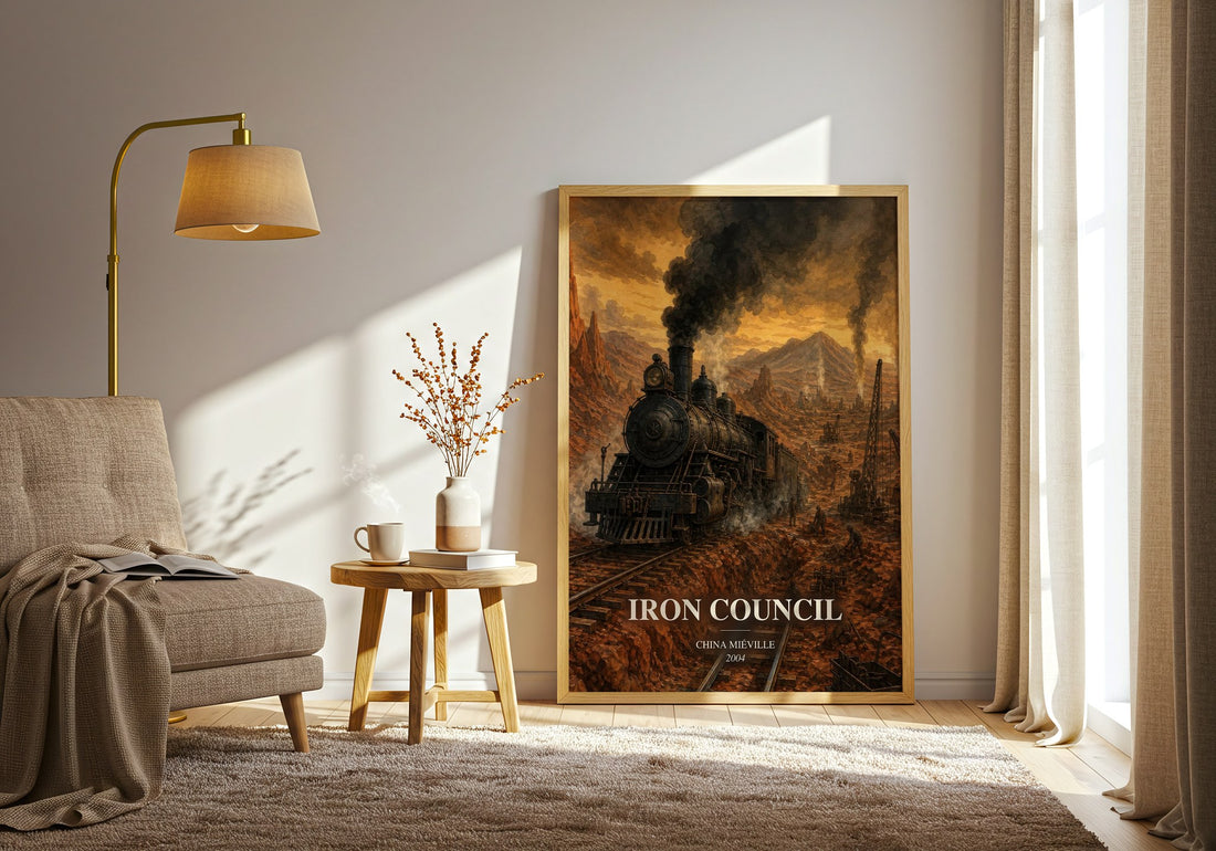 Iron Council watercolour print in frame leaning in hallway – fantasy wall art (mockup)