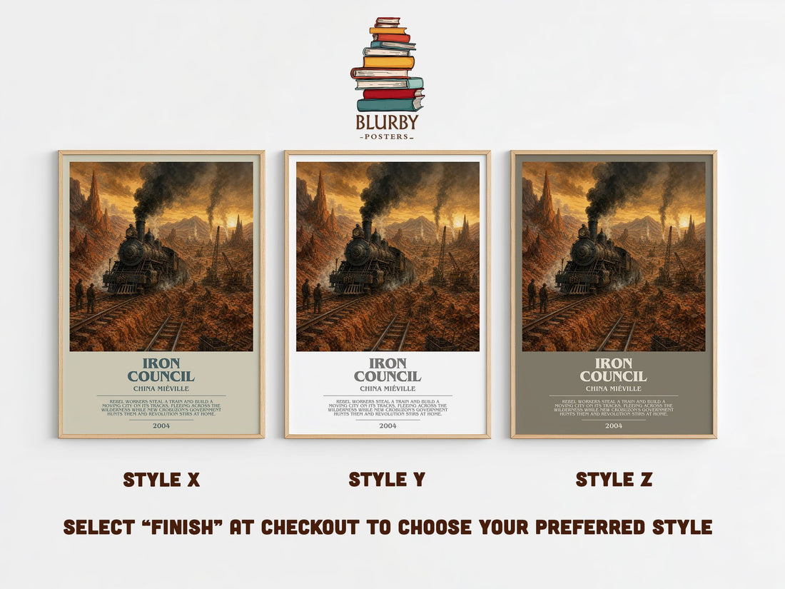 Iron Council bookish print in frame leaning in hallway – fantasy wall art (mockup)