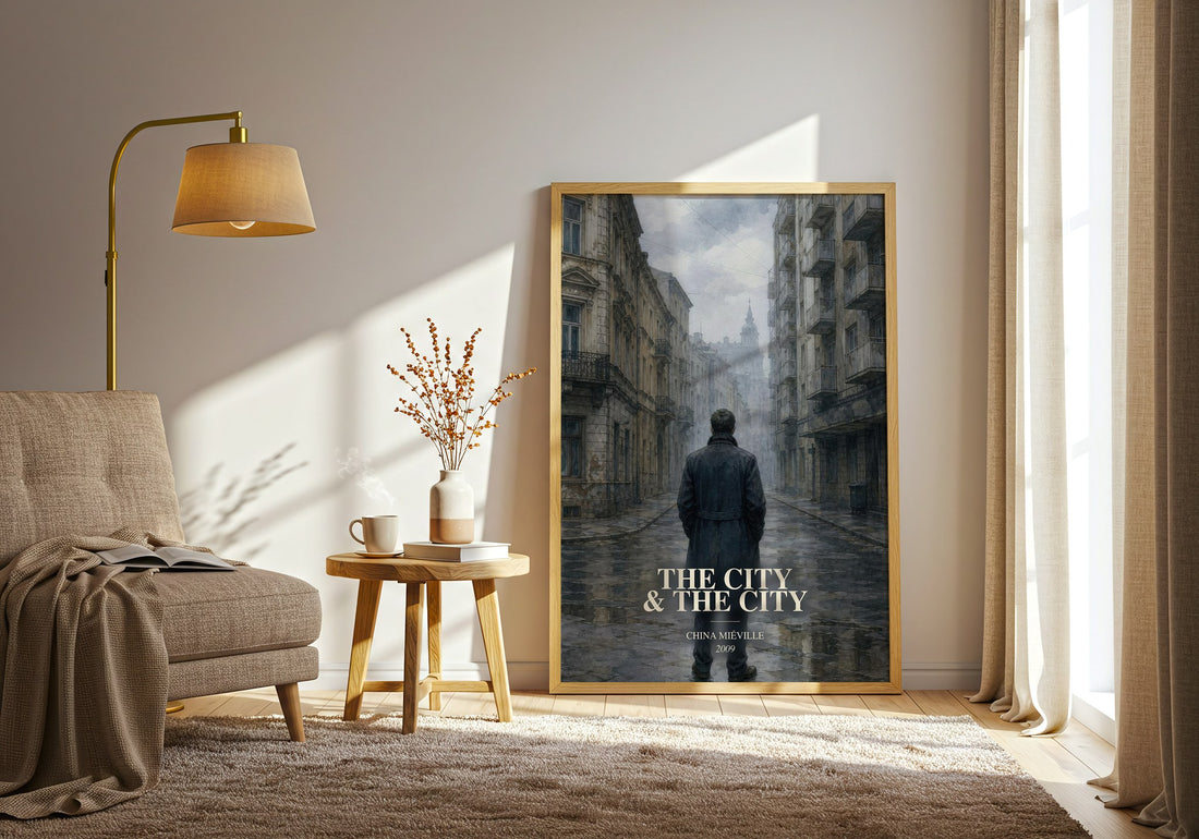 The City & the City watercolour print in frame leaning in hallway – mystery wall art (mockup)