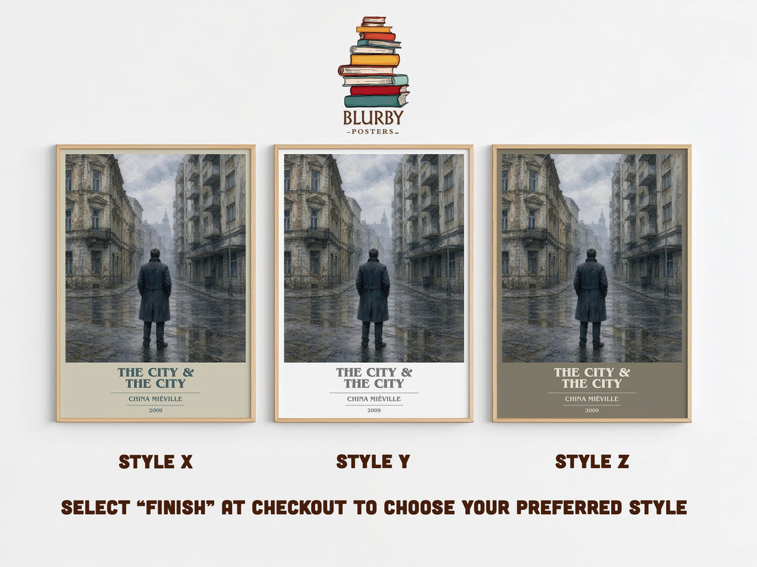 The City & the City book cover print in frame leaning in hallway – mystery wall art (mockup)