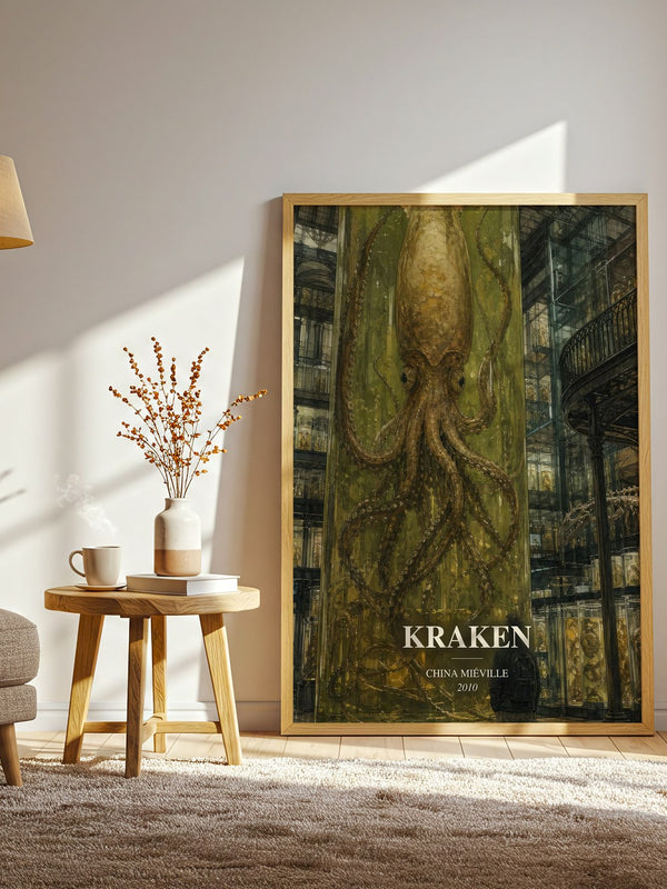 Kraken watercolour print in frame leaning in hallway – fantasy wall art