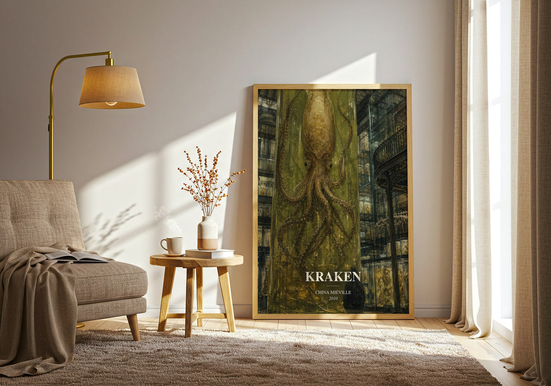Kraken watercolour print in frame leaning in hallway – fantasy wall art (mockup)