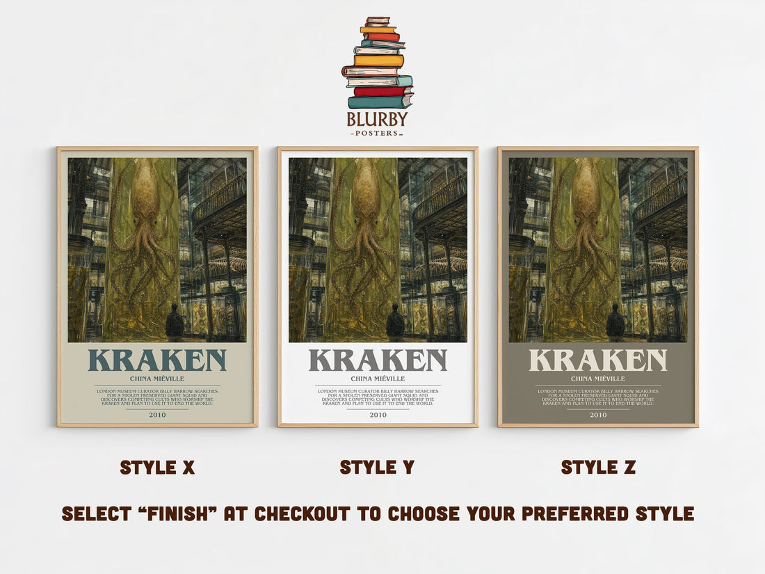 Kraken bookish print in frame leaning in hallway – fantasy wall art (mockup)