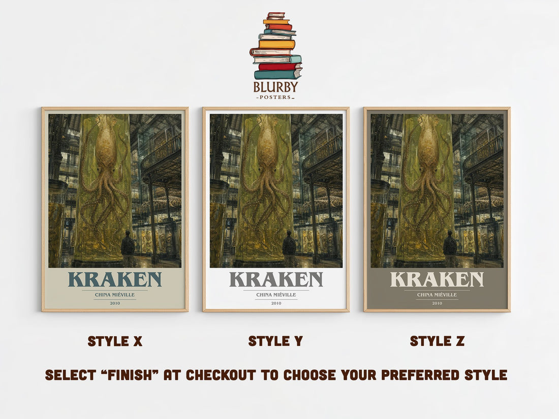 Kraken book cover print in frame leaning in hallway – fantasy wall art (mockup)