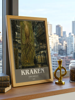 Kraken book cover print framed by window – literary home decor