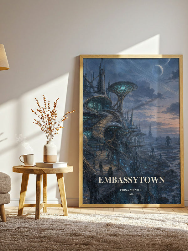 Embassytown watercolour print in frame leaning in hallway – sci fi wall art
