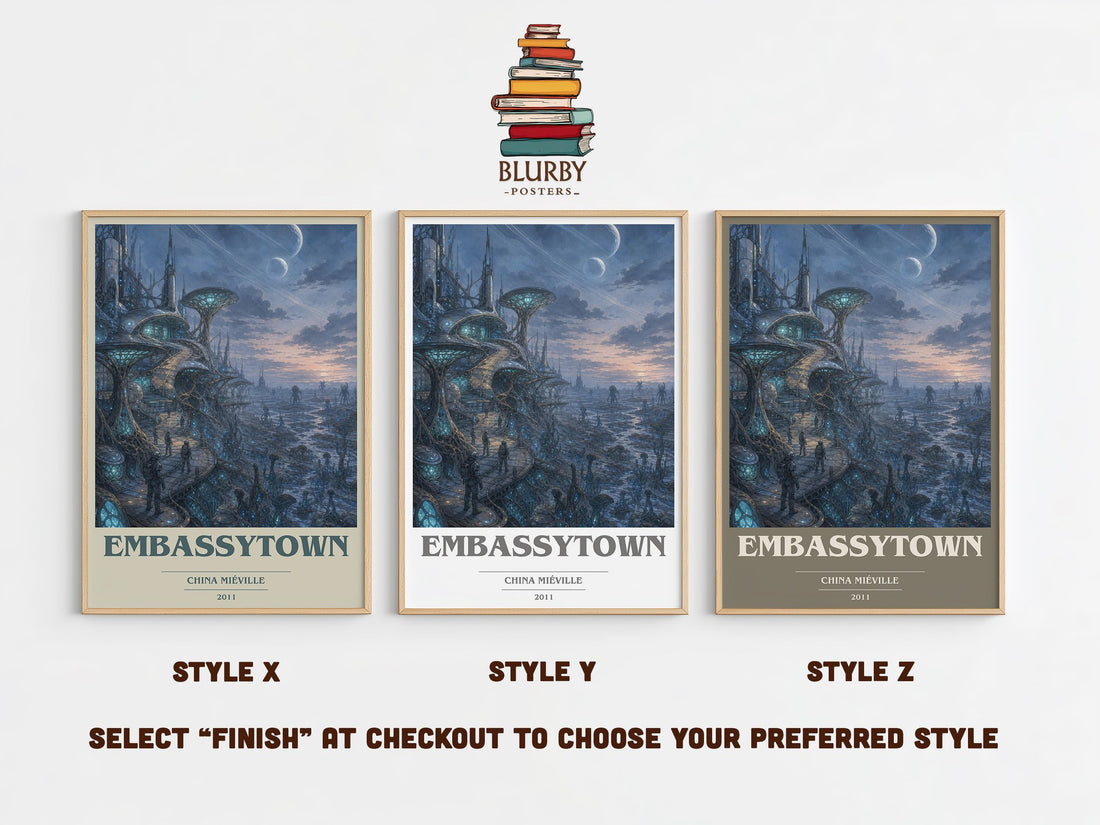 Embassytown book cover print in frame leaning in hallway – sci fi wall art (mockup)