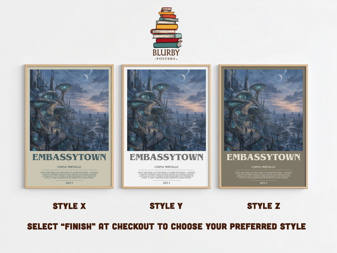Embassytown bookish print in frame leaning in hallway – sci fi wall art (mockup)