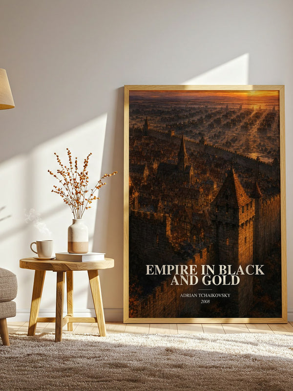 Empire in Black and Gold watercolour print in frame leaning in hallway – fantasy wall art