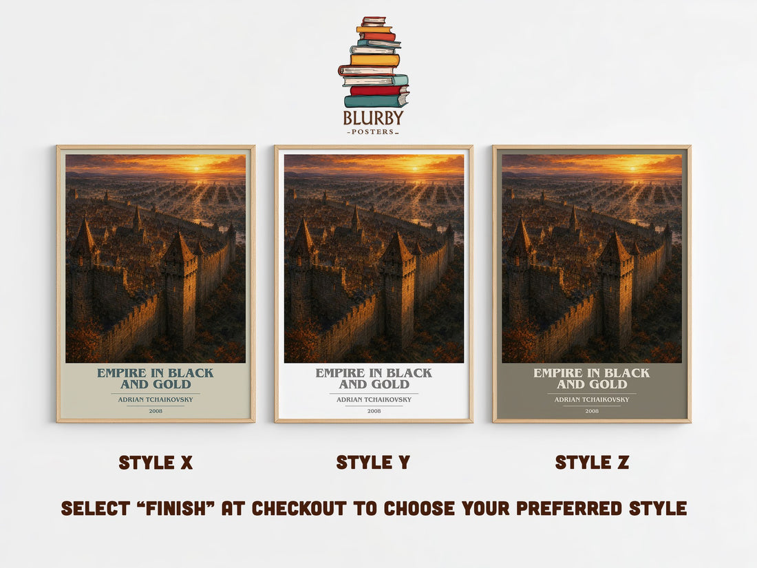 Empire in Black and Gold book cover print in frame leaning in hallway – fantasy wall art (mockup)