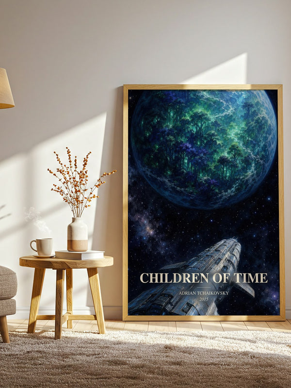 Children of Time watercolour print in frame leaning in hallway – sci fi wall art