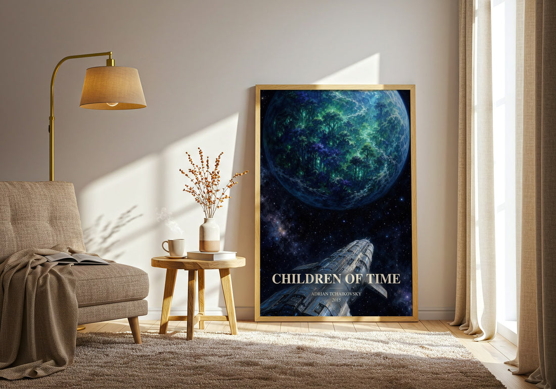 Children of Time watercolour print in frame leaning in hallway – sci fi wall art (mockup)