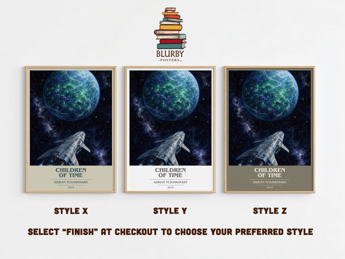 Children of Time book cover print in frame leaning in hallway – sci fi wall art (mockup)