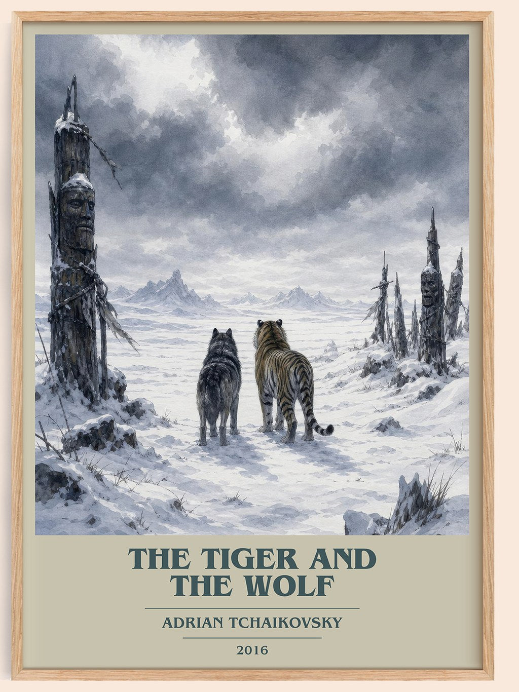 The Tiger and the Wolf book cover book poster by Adrian Tchaikovsky – framed literary art print