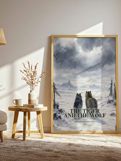 The Tiger and the Wolf watercolour print in frame leaning in hallway – fantasy wall art