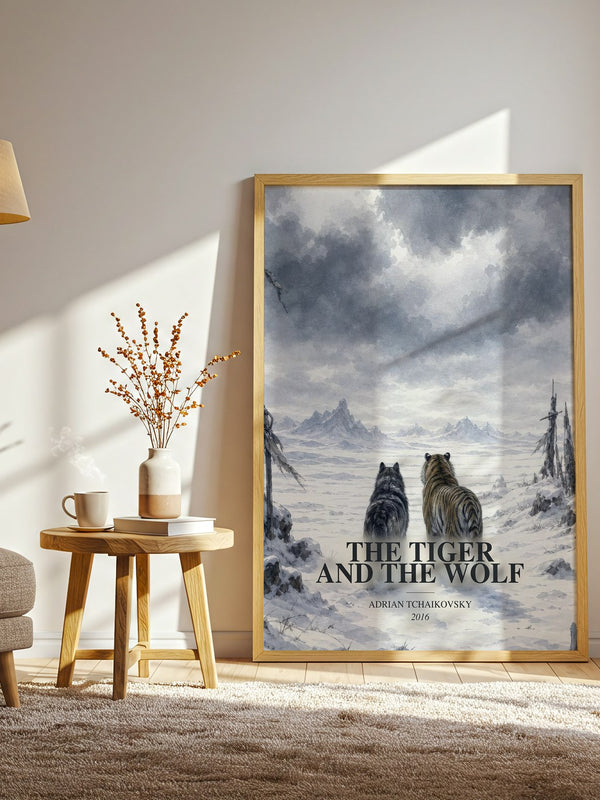 The Tiger and the Wolf watercolour print in frame leaning in hallway – fantasy wall art