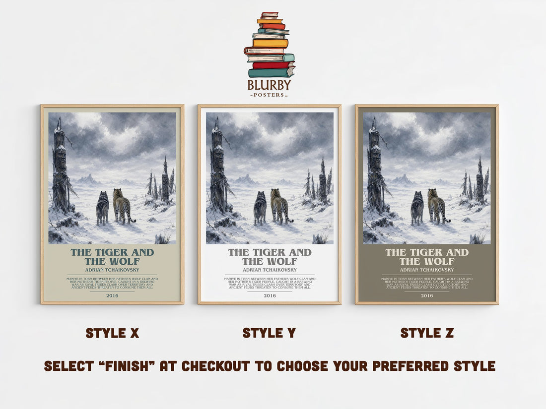 The Tiger and the Wolf bookish print in frame leaning in hallway – fantasy wall art (mockup)