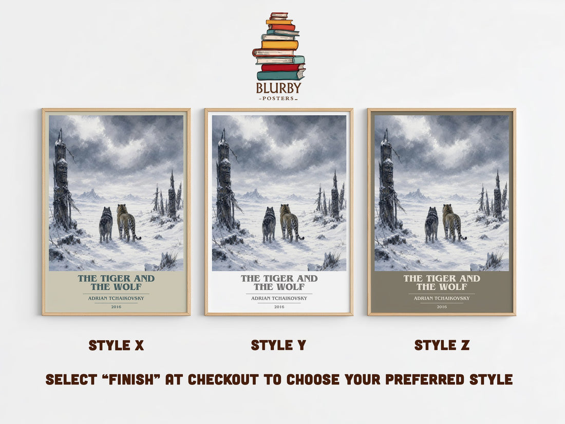 The Tiger and the Wolf book cover print in frame leaning in hallway – fantasy wall art (mockup)