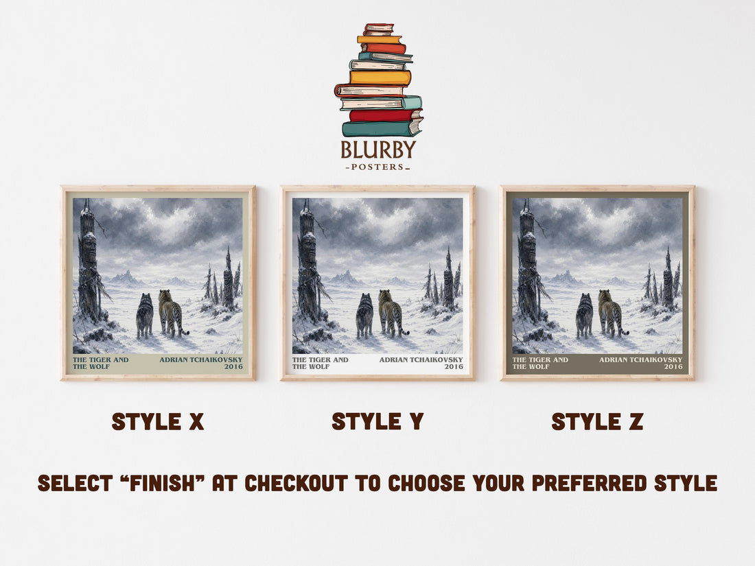 The Tiger and the Wolf literary print in frame leaning in hallway – fantasy wall art (mockup)