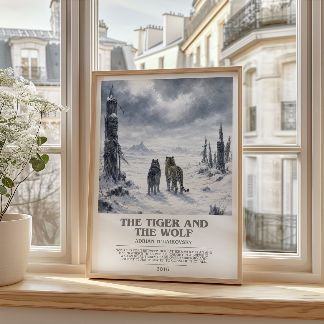 The Tiger and the Wolf Bookish Wall Art by Adrian Tchaikovsky – framed print by a bright window