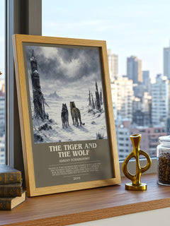 The Tiger and the Wolf Bookish Wall Art by Adrian Tchaikovsky – framed print on a city-view windowsill