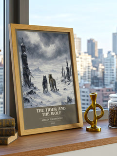 The Tiger and the Wolf book cover print framed by window – literary home decor