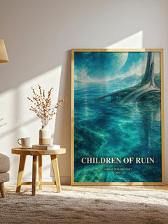 Children of Ruin watercolour print in frame leaning in hallway – sci fi wall art