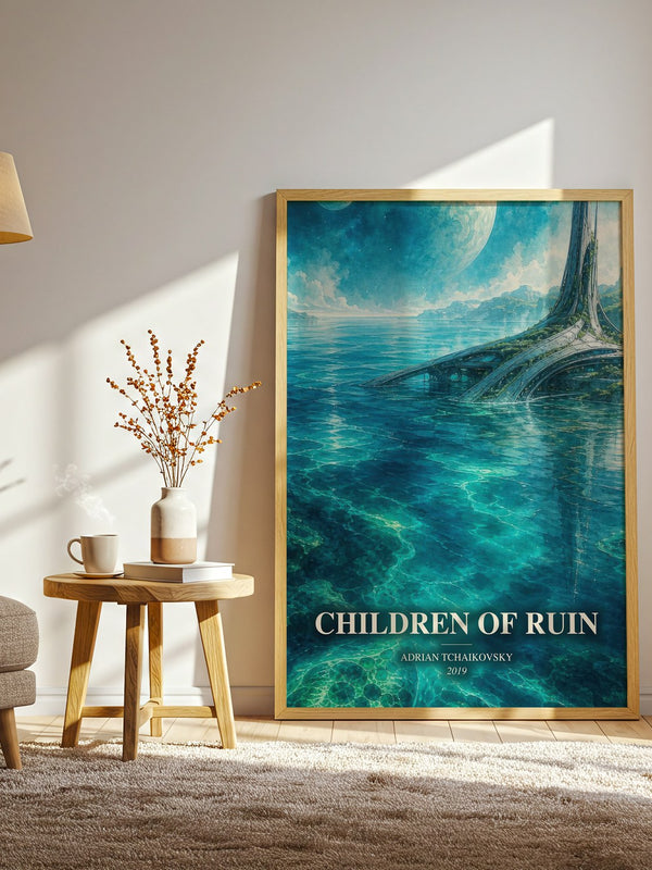 Children of Ruin watercolour print in frame leaning in hallway – sci fi wall art