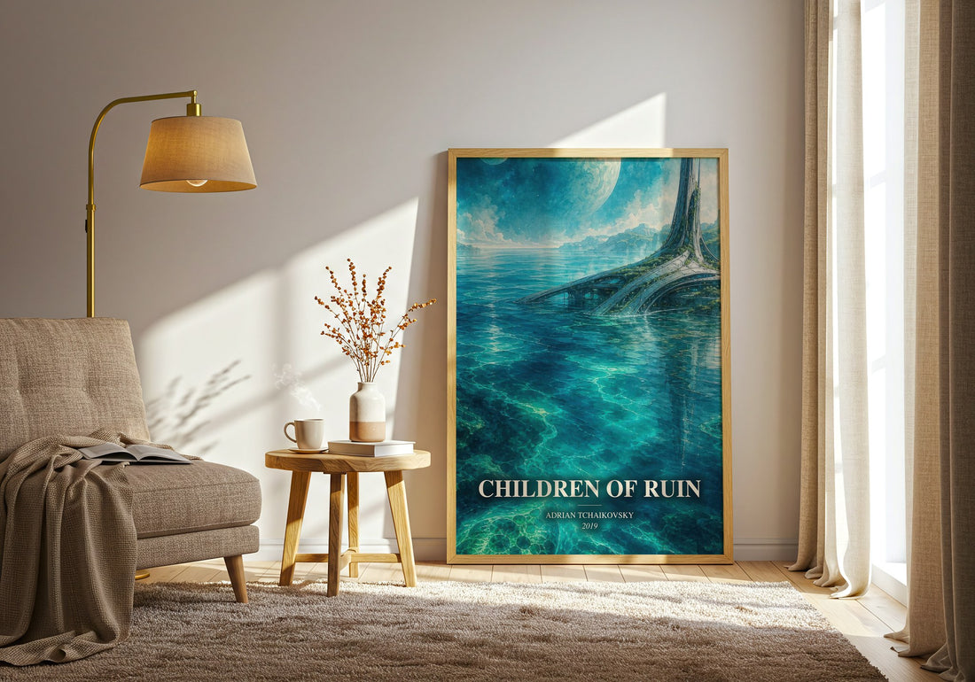 Children of Ruin watercolour print in frame leaning in hallway – sci fi wall art (mockup)