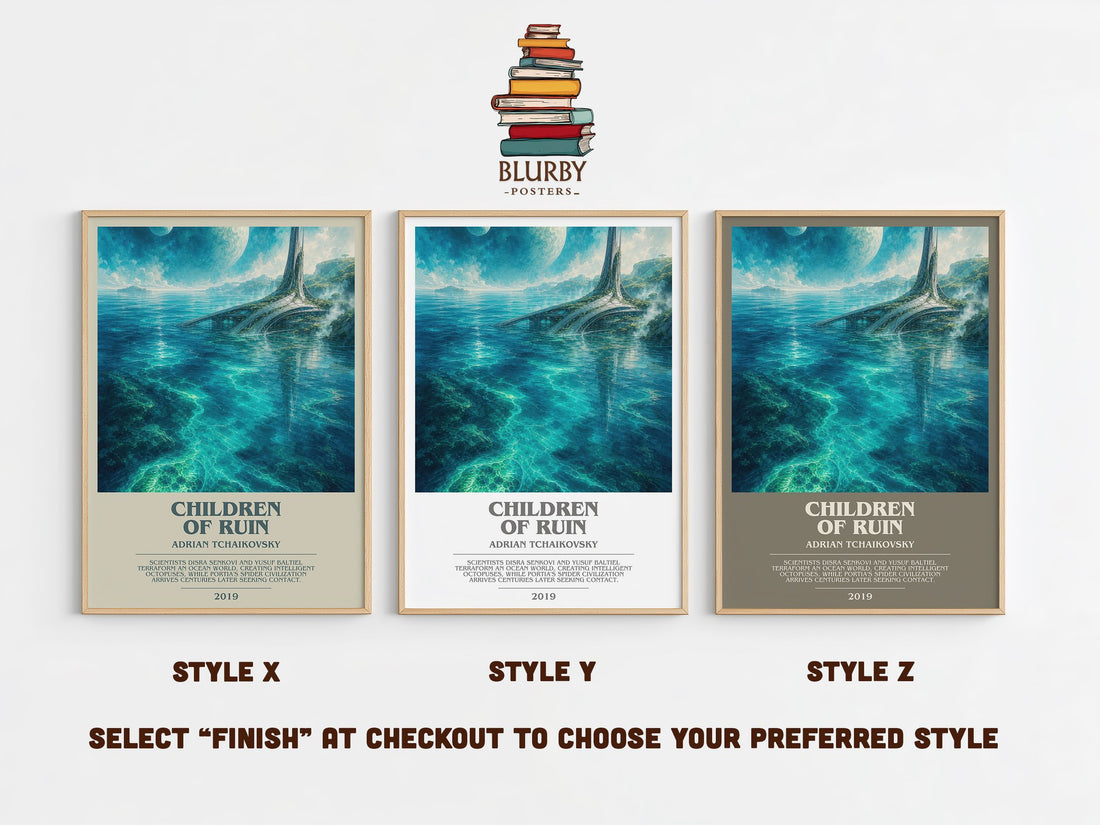 Children of Ruin bookish print in frame leaning in hallway – sci fi wall art (mockup)