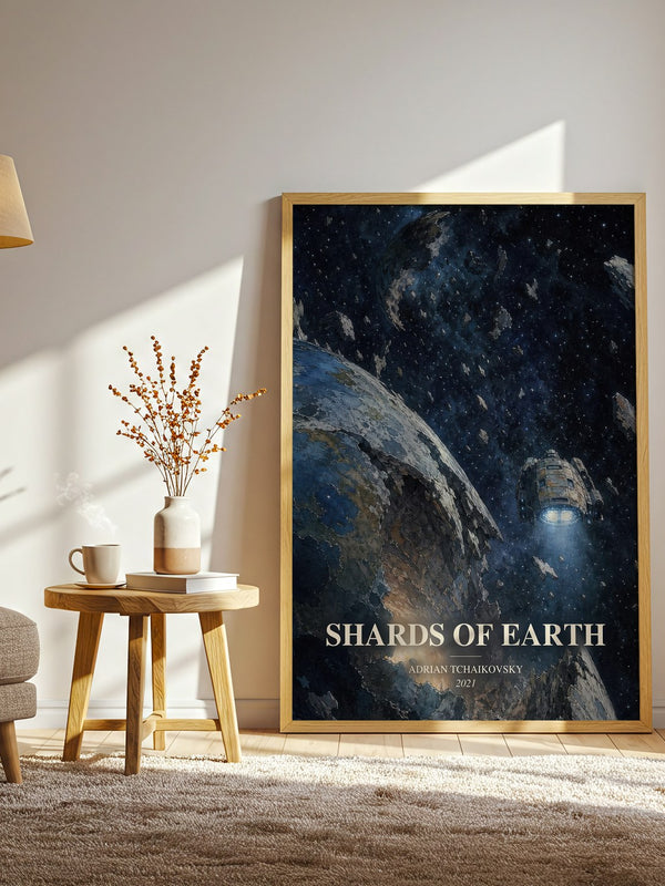 Shards of Earth watercolour print in frame leaning in hallway – sci fi wall art