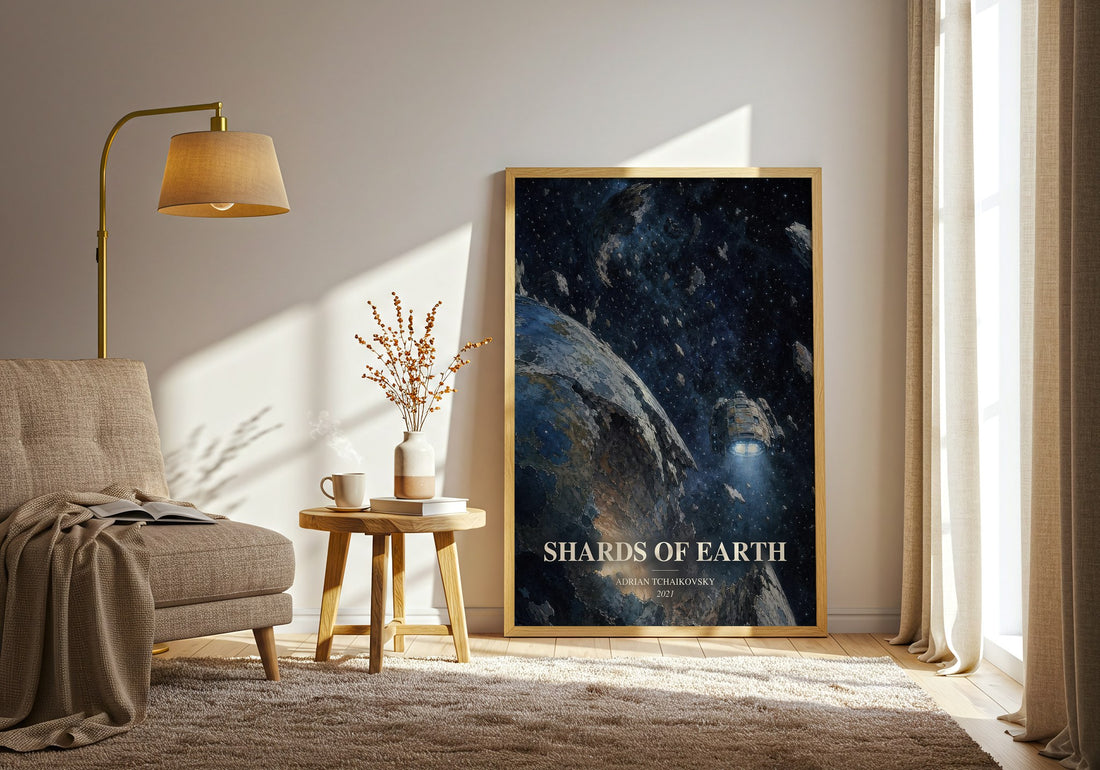 Shards of Earth watercolour print in frame leaning in hallway – sci fi wall art (mockup)