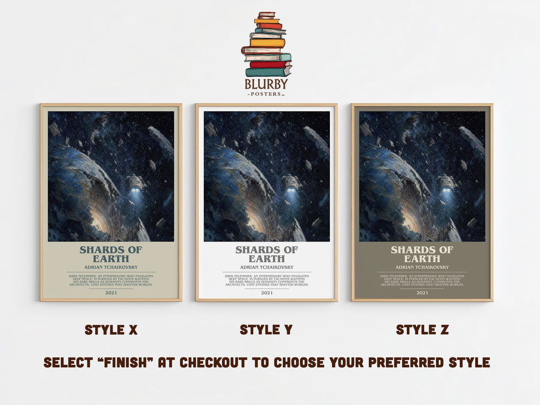 Shards of Earth bookish print in frame leaning in hallway – sci fi wall art (mockup)