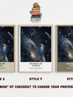Shards of Earth book cover print in frame leaning in hallway – sci fi wall art