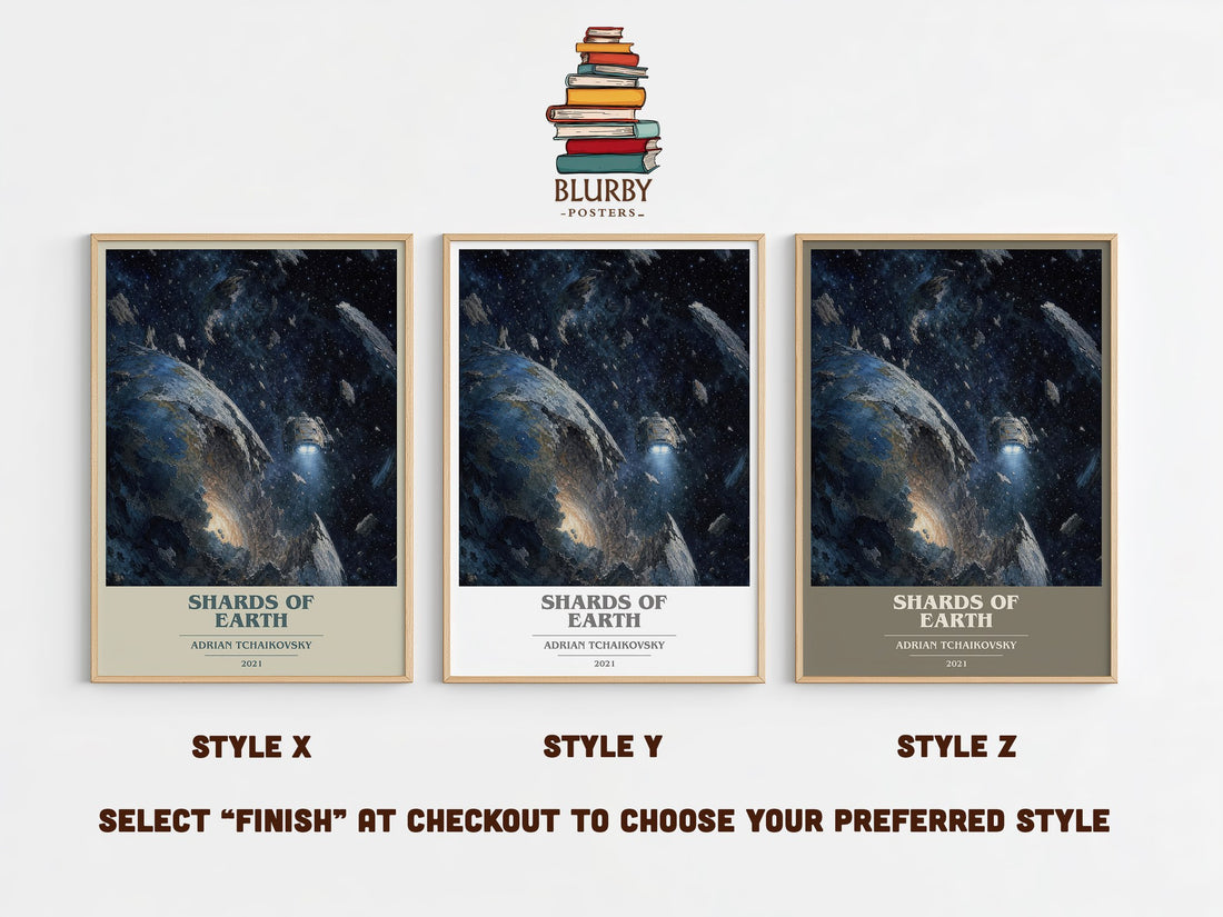 Shards of Earth book cover print in frame leaning in hallway – sci fi wall art (mockup)