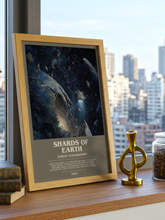 Shards of Earth bookish print framed by window – literary home decor