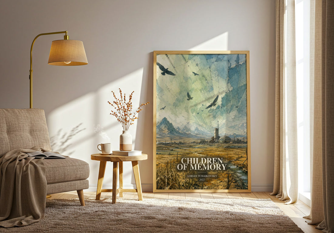 Children of Memory watercolour print in frame leaning in hallway – sci fi wall art (mockup)