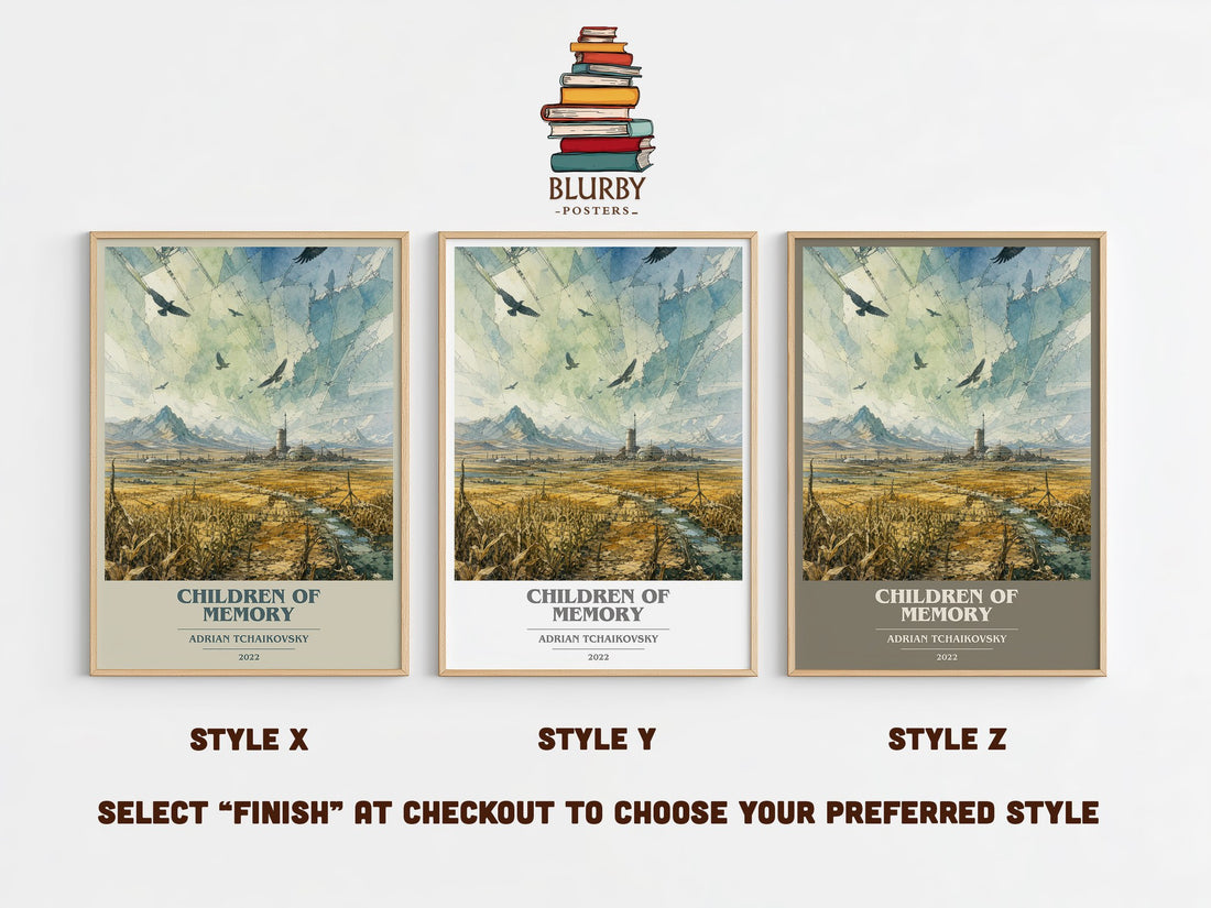 Children of Memory book cover print in frame leaning in hallway – sci fi wall art (mockup)