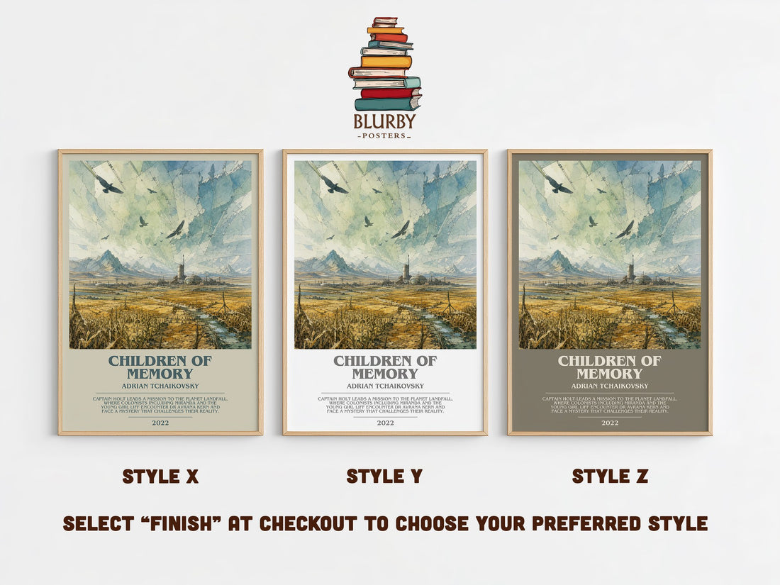 Children of Memory bookish print in frame leaning in hallway – sci fi wall art (mockup)